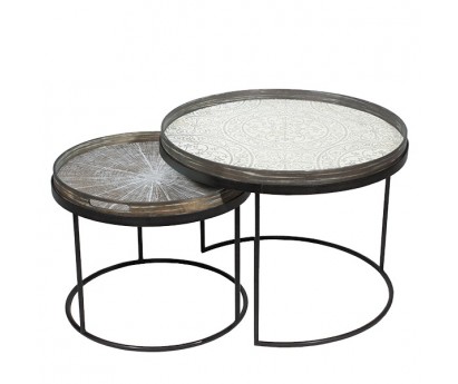 SET DE 2 TABLES BASSES |  PLATEAU ROND | METAL | 62cm x 62cm x H38cm | 50cm x 50cm x H30cm | NOIR