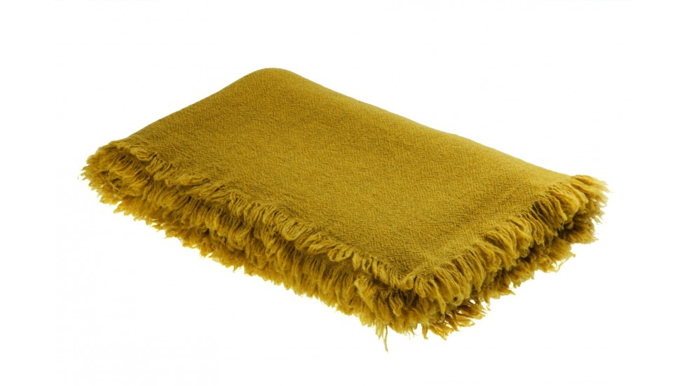 PLAID EN LAINE VIERGE LAVÉE - CURRY - 165x250cm