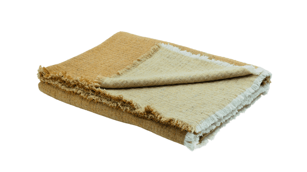 PLAID DOUBLE FACE LAINE VIERGE ET COTON LAVES - OCRE / PAILLE - 150x250cm