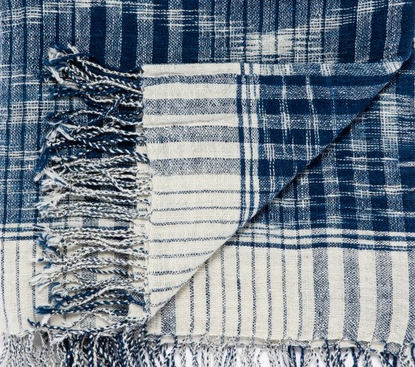 PLAID HOM | 100% COTON TISSE MAIN | 180cm x 180cm | INDIGO 3*